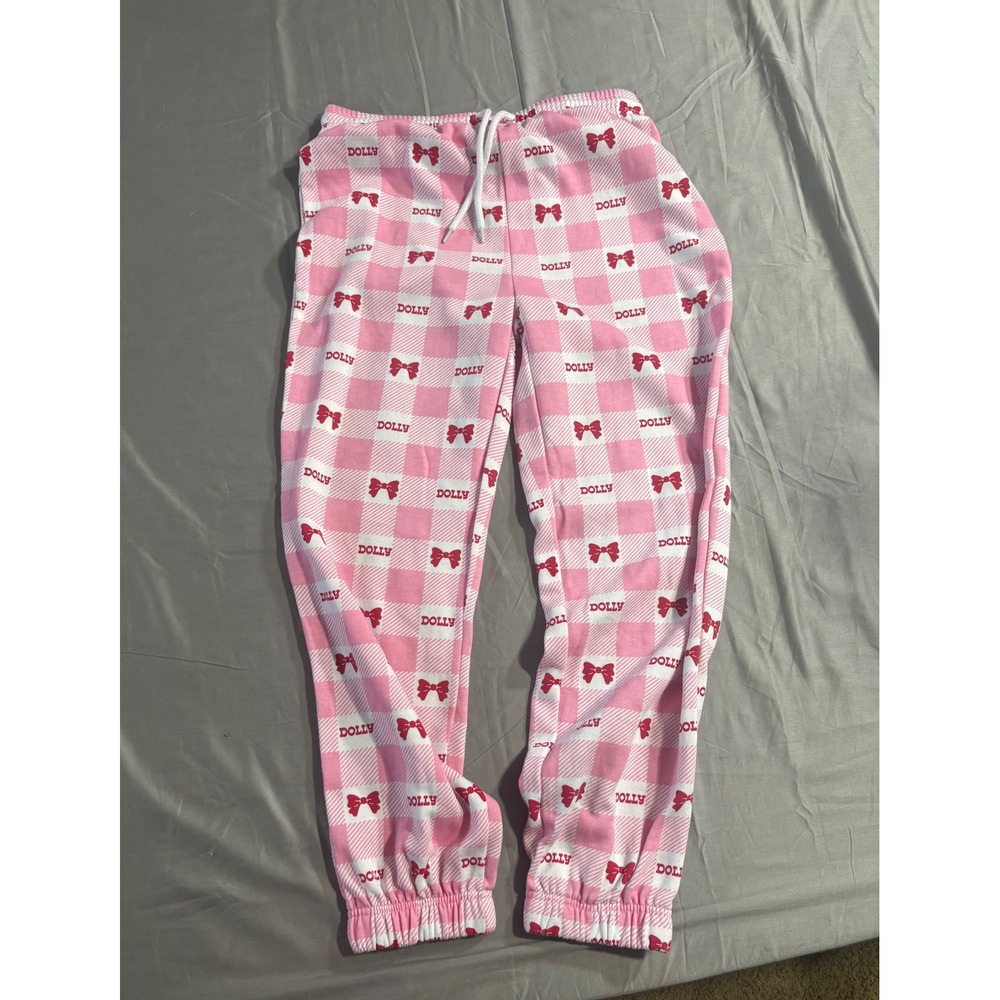 Dolly Parton Pink White Gingham Bow Print Jogger Sweatpants Womens Medium